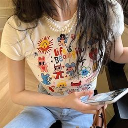 Y2k Aesthetic Cartoon Doodle Print Fun Women Sexy T-shirt Harajuku Black Streetwear Girl Slim Vintage Graphic Clothes Crop Top 220511