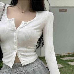 Korean Style O-neck Short Knitted Sweaters Women Thin Cardigan Fashion Open Front Button Up Long Sleeve Crop t Shirt