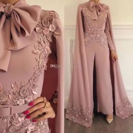 2022 Nude Pink Muslim Jumpsuit with long wrap Evening Dresses Beaded High Neck Long Sleeves Elegant Prom Party Gowns Zuhair Murad Celebrity Dress