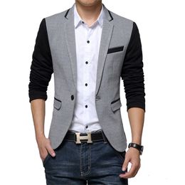 New Slim Fit Casual jacket Cotton Men Blazer Jacket Single Button Gray Mens Suit Jacket 2018 Autumn Patchwork Coat Male Suite CJ191210