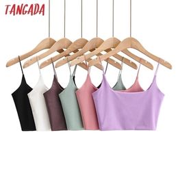 Tangada women sexy candy color strethy camis top spaghetti strap sleeveless backless short blouses shirts female solid tops 4P7 220318