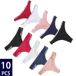 10PCS Women G-string Panties Cotton Underwear Sexy Lace Briefs Female Underpants Thong Solid Color Intimates Pantys Lingerie 220512