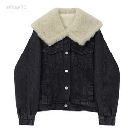 Women Jackets Jacket Casual Thick Warm Winter Women Autumn Pockets Long Sleeves Lamb Wool Jeans Denim Jackets Snow Female Outerwear L220725