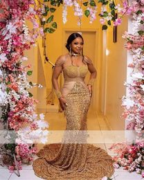 Aso Ebi African Gold Sequins Beaded Prom Party Dresses Halter Lace Celebrity Evening Gowns Special Ocns Robe De Soiree