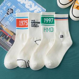 Socks & Hosiery Cotton White Casual 1Pair Sports Sock Breathable Letter Patterned Mid Tube Japanese Style Nice GiftSocks