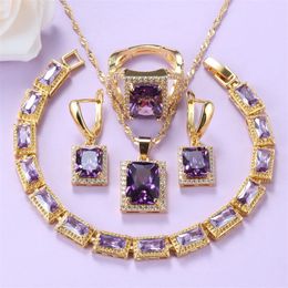 Mexican Jewellery Sets Gold-Color Romantic Wedding Bridal Accessories Purple Crystal NecklaceAnd Earrings Bracelet Sets 220726