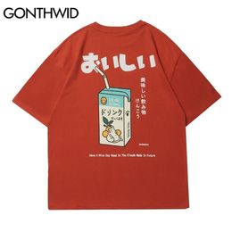 GONTHWID T-Shirt Streetwear Harajuku Japanese Milk Print Tees Shirts Hip Hop Fashion Cotton Summer Casual Loose Tshirts Tops 220505
