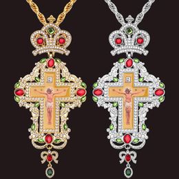 Chains Fashion Hip Hop Bling Rhinestone Pendant Necklace Orthodox Jesus Crucifix Long Pectoral Cross Big Medal ItemsChains
