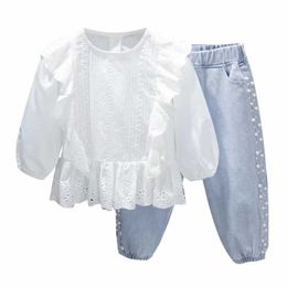 Kız yeni çocuklar bahar sonbahar giyim setleri moda bebek kız kıyafetleri takım elbise pamuk çocuk giyim tişört  kot pantolon