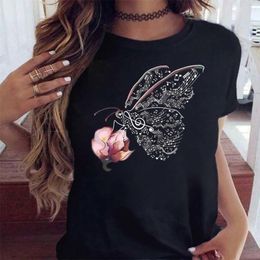 Women Flower Butterfly Fashion Print T Shirt Casual Short Sleeve Ladies T Tee Female Top Shirt Clothes Womens Graphic Tshirt 220615