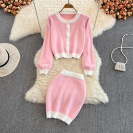 Small Fragrant Style Knitting Suit Female Furry Cardigan Sweater and Bodycon Skirt Two Piece Set Women Pink Crop Top Skirt Suits 220513