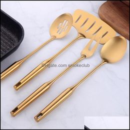 1Pcs Stainless Steel Long Handle Kitchen Set Gold Cooking Utensils Scoop Spoon Turner Ladle Tools 201118 Drop Delivery 2021 Utensil Racks St