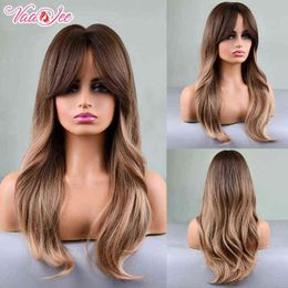 Brown Mix Boby Wave Wig with Bangs Middle Part Synthetic Hair for Women Long Wavy Cosplay Natural Wigs Heat Resistant 220525