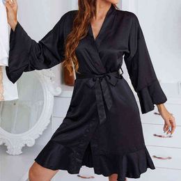 Medium and long women's ruffled Nightgown imitation silk cardigan Pyjama bathrobe Summer Black Belt home clothes