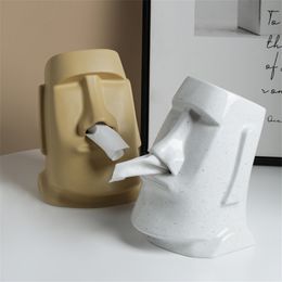 22cm Nordic Ceramic Easter Island Moai Nostril Tissue Box Statue Easter Day Desktop Figurines Interior Home Decoration 220624