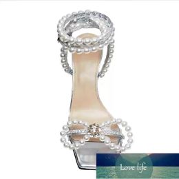 Square Head Transparent Sandals Female Summer Bow Pearl Rhinestone High Heels Fine With Fairy Style factory price Sandalss heelss pearl low strappy studs big size