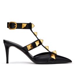 vlogo Designer High Heel VT Sandal 2024 Sandal Dress Shoes Ankle Strap Roman Studs Black Nude Strip Rivets Womens Stiletto Block