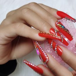 False Nails 24pcs The Latest Design Luxury Jewellery Ballet Coffin Fake Nail Crystal Diamond Red Prud22