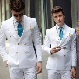 Men's Suits & Blazers White Men Tuxedos Custom Made Wedding Peaked Lapel Double Breasted Blazer Handsome Bridegroom Jacket 2 Pieces SetMen's