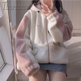 Autumn Winter Korean Preppy Style Women Coat Embroidery Imitation Lambswool Female Jacket T200831