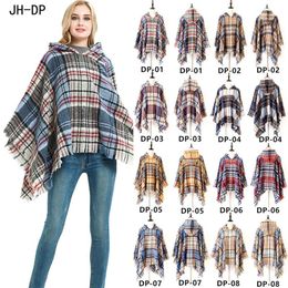 Scarves Woman Warm Plaid Hooded Cape Poncho Winter Collar Knitted Sweater Outdoor Wear Tassel Coat For fashion Wraps