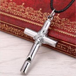 10pcs Men Women Whistle Steel Cross Pendant Necklace with Leather Rope fashion Jewellery necklace 201014