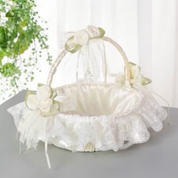 Cream Flower Girl Basket with Roses Flowers Personalized Wedding Decor Handmade Ivory Flowergirl Baskets Pink Sky-Blue White