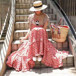 vintage linen dresses Australia - Casual Dresses Cotton Linen Strap Dress Women Sleeveless Lace-up Plaid Print Summer Vintage Big Hem Korean Loose Maxi 2022