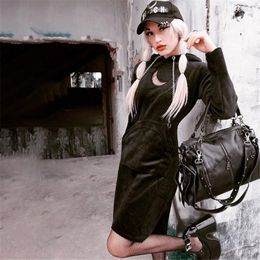 Casual Dresses Gothic Women Irregular Hooded Dress Rock Harajuku Long Sleeve Moon Embroidered One-piece With Front Pocket Chain Ladies Cloth