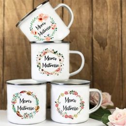 French Flower Printed Mugs Creative Coffee Tea Cups Drinks Water Milk Cup Enamel Mug School Home Handle Drinkware Teacher Gifts 220809