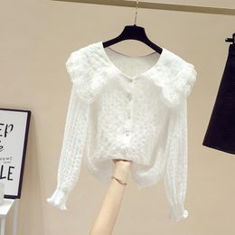 Women's Blouses & Shirts Fashion Women Blouse 2022 Spring Lace Printed Stitching Doll Collar Shirt Female Flared Sleeves Pleated Chiffon Car