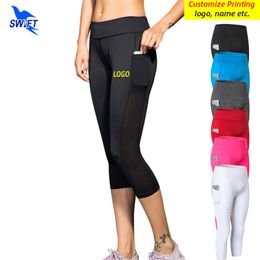 Customize Women Capris Yoga Pants With Pockets Compression Running Tights Sport Gym Fitness Jogging 3 4 Leggings Sportswear 220704