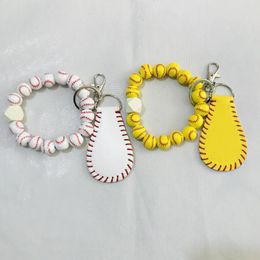 Keychains Lanyards Personalised Baseball Beaded Bracelet Keychain Pu Leather Bag Decoration Wrist Key Chain