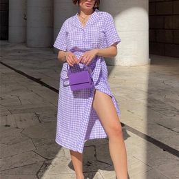 OOTN Lavander Purple Plaid Dress Summer Wrap Office Lady Notched Midi Dress Women Elegant Street Lace Up Slit Pencil Dress Trend 220511