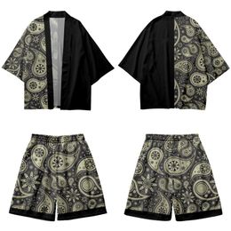 Ethnic Clothing Splicing Cashew Printed Couple Women Men Japanese Kimono Casual Loose Cardigan And Beach Shorts Set Asian Clothes HarajukuEt