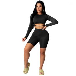 Shorts Set Women Summer 2022 Ladies Long Sleeve Crop Top Short 2 Piece Sexy Outfits Sport Gym Joggers Tracksuit Sweat Suit Women's