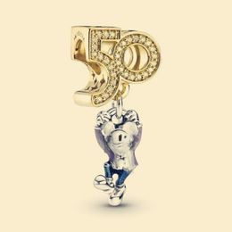 Disny Park Micky 50 Years Anniversary Gift Silver Charm With Clear CZ Pandora Charms for Bracelets DIY Jewelry Making kits Loose Beads Silver wholesale 769597C01