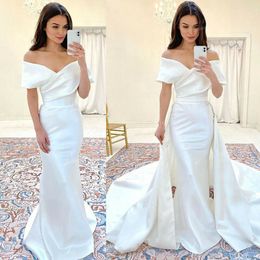 Soft Satin Mermaid Wedding Dress With Detachable Train 2022 Off Shoulders Garden Beach Church Wedding Gowns Elegant Vestidos De Noche Robe Mariage Abito Da Sposa