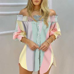 Women Fashion Striped Print Shirt Lady Long Sleeve Blouse Off Shoulder Ruched Button Design Casual Tops 210716