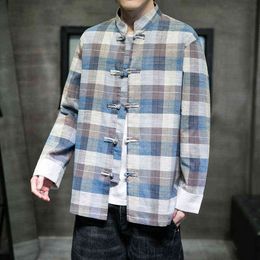 2022 Men Plaid Shirts Spring Mens Long Sleeve Casual Linen Shirts Male Casual Handsome Loose Tops Size M-5XL L220706