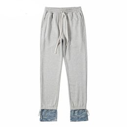 Men's Pants Urban Streetwear Patchwork Joggers Cashew Flower Denim Terry Drawstring Sweatpants For Men Fashionable JoggersMen's