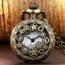 Bronze Watches Hollow Out Gear Cover Men Women Quartz Analog Pocket Watch Necklace Chain Antique Timepiece Gift