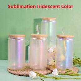 holographic glasses UK - sublimation 12oz 16oz glass tumbler iridescent color glass can shimmering glasses with bamboo lid reusable straw holographic color beer juice can CC