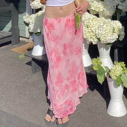 Bohemian Pink Floral Mid-Claf Skirts Kawaii Low Waisted Frill Straight Skirts Chic Women Fairy Grunge Holiday Streetwear CX220420