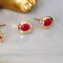 Clip-on & Screw Back SARARA 18K Yellow Gold Oval Shape Ruby Stone Women Stud Earrings Au750 StampClip-on