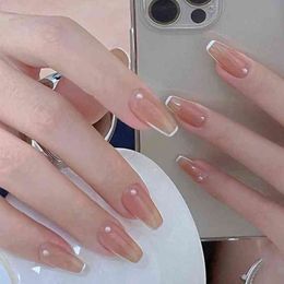 False Nails 24pcs Coffin White Pearl French Fake Wearable Ballerina Full Cover Acrylic Nail Tips Press on with Glue 0616