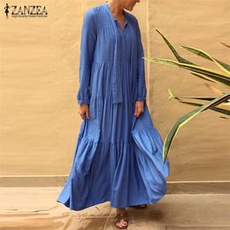 ZANZEA Elegant Ruffle Maxi Dress Women's Summer SundressCasual Long Sleeve Pleated Vestidos Female V Neck LaceUp Robe 5XL T200620