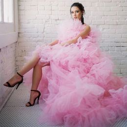 Pink Ruffled Evening Dresses for Women Elegant Prom Gowns Side Split A Line Runway Fashion Party Outfits