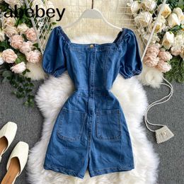 summer women vintage blue denim playsuits short sleeve rompers ladies casual chic pockets jeans jumpsuits 210715