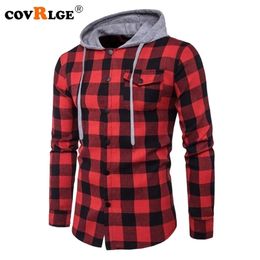 Covrlge Men Fashion Hooded Shirt Autumn Men's Long Sleeve Red Plaid s Casual Denim Big Sizes Menswear MCL182 220322
